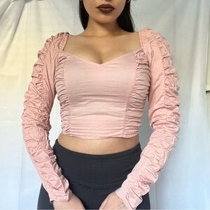 Pink Ruched Long Sleeve Crop Top